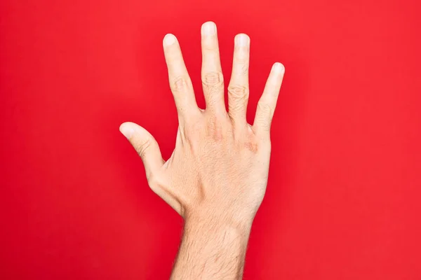 Hand Caucasian Young Man Showing Fingers Isolated Red Background Counting — Stock Photo, Image