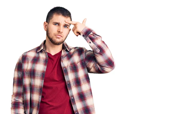 Young Handsome Man Wearing Casual Shirt Pointing Unhappy Pimple Forehead — Stock Photo, Image