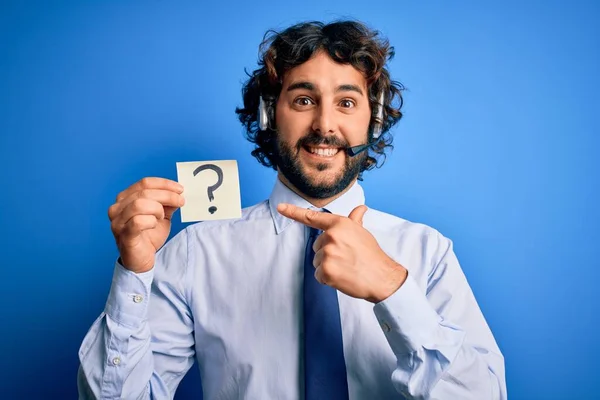 Young Call Center Agent Man Beard Working Using Headset Holding — Stock Photo, Image