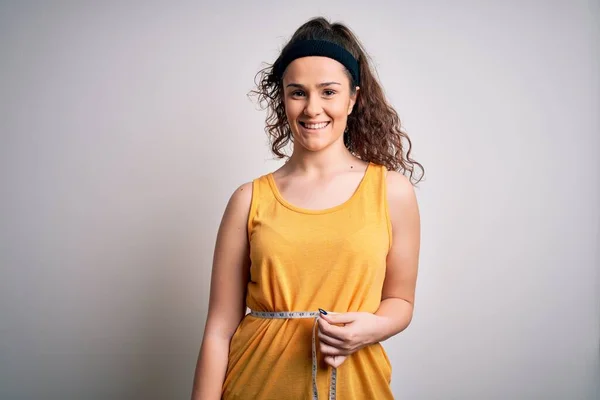 Young Beautiful Woman Curly Hair Controlling Weight Using Tape Mesure — Stock Photo, Image