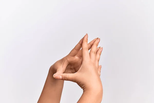 Mão Mulher Branca Tocando Pontas Dos Dedos Ambas Mãos Concentração — Fotografia de Stock