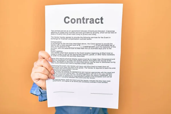 Woman Holding Contract Document Paper Standing Isolated Yellow Background — Stock Photo, Image