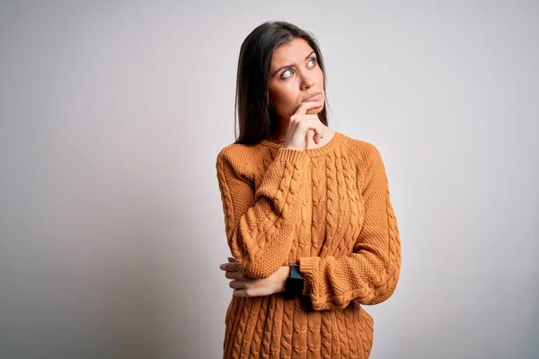 Young Beautiful Woman Blue Eyes Wearing Casual Sweater Standing White — Stock Photo, Image