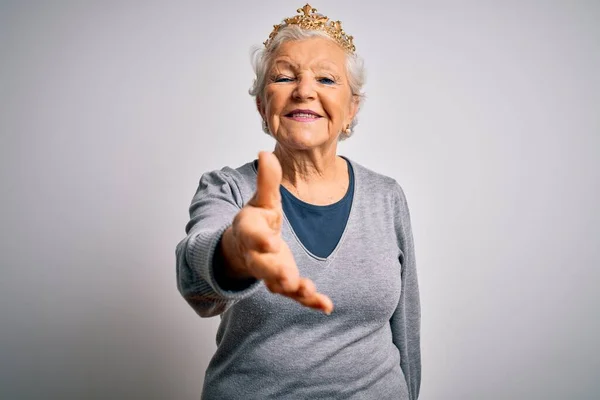 Senior Hermosa Mujer Pelo Gris Con Corona Oro Reina Sobre — Foto de Stock