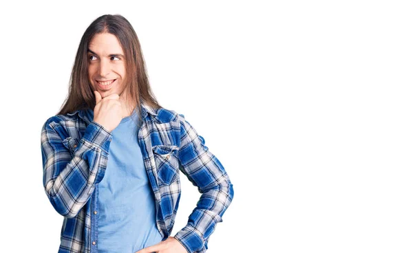 Young Adult Man Long Hair Wearing Casual Shirt Hand Chin — Stock Photo, Image