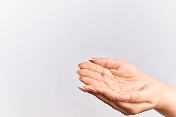 Hand Caucasian Young Woman Asking Offering Both Hands Cupped Open — Stock Photo, Image