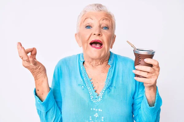 Senior Mooie Vrouw Met Blauwe Ogen Grijs Haar Drinken Mate — Stockfoto