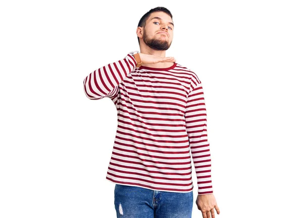 Young Handsome Man Wearing Striped Sweater Cutting Throat Hand Knife — Stock Photo, Image