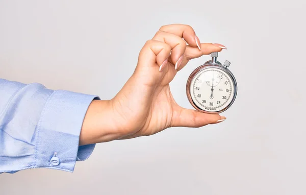 Main Caucasienne Jeune Femme Compter Temps Utilisant Chronomètre Sur Fond — Photo