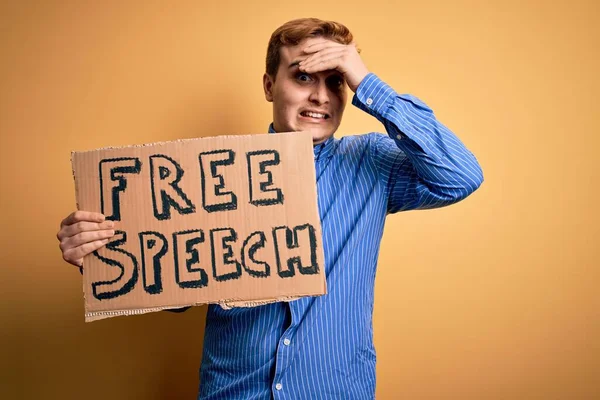 Young Handsome Redhead Man Asking Freedom Holding Banner Free Speech — Stock Photo, Image