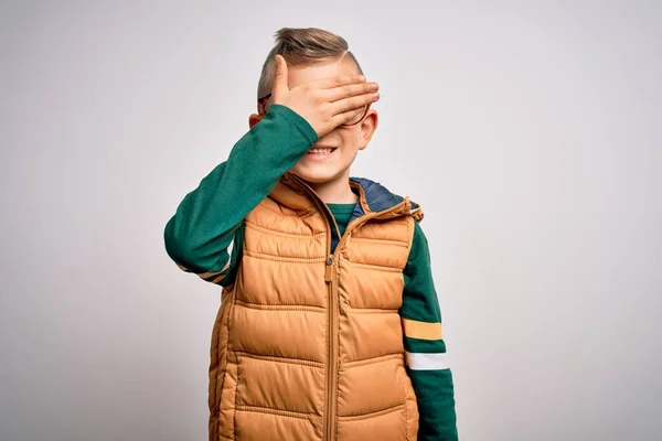 Young Little Caucasian Kid Blue Eyes Wearing Winter Coat Smart — Stock Photo, Image