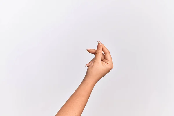 Χέρι Καυκάσιας Νεαρής Γυναίκας Που Κρατά Κενό Χώρο Δάχτυλο Του — Φωτογραφία Αρχείου