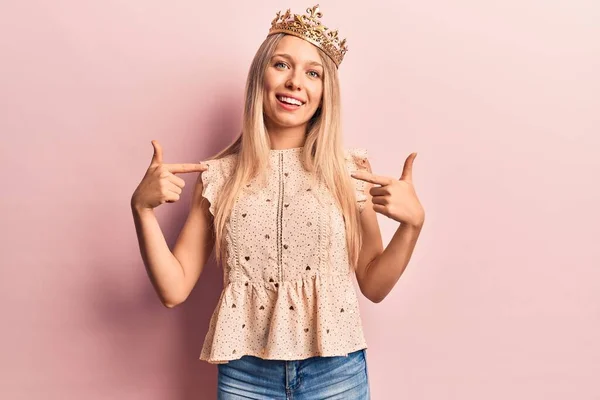 Young Blonde Woman Wearing Princess Crown Looking Confident Smile Face — Stock Photo, Image