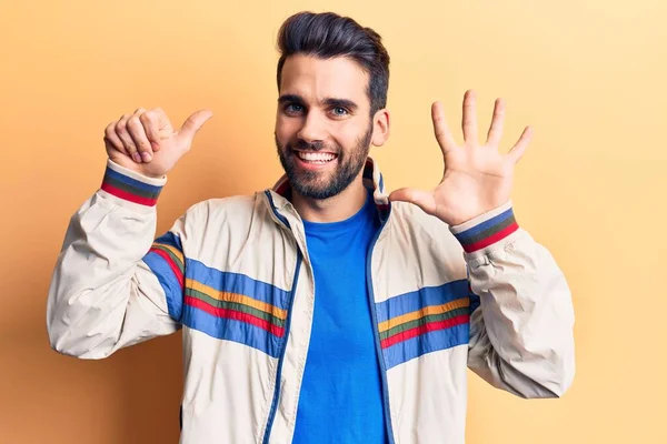 Young Handsome Man Beard Wearing Casual Jacket Showing Pointing Fingers — Stock Photo, Image