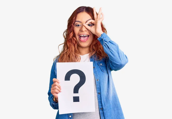 Young Latin Woman Holding Question Mark Smiling Happy Doing Sign — Stock Photo, Image
