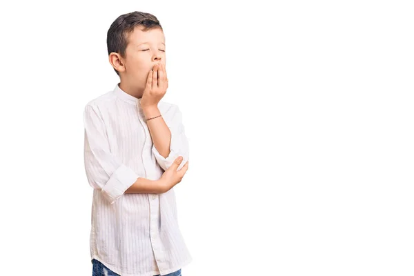 Niño Rubio Lindo Con Camisa Elegante Aburrido Bostezo Cansado Cubriendo — Foto de Stock