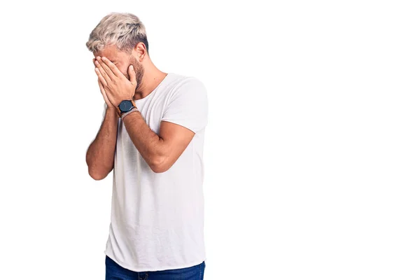 Young Handsome Blond Man Wearing Casual Shirt Sad Expression Covering — Stock Photo, Image