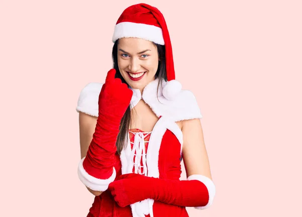 Joven Hermosa Mujer Caucásica Con Traje Santa Claus Haciendo Señas — Foto de Stock