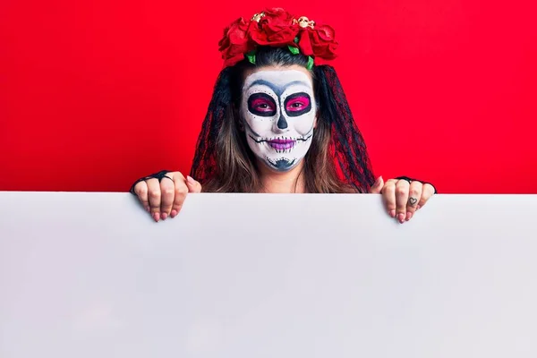 Young Woman Wearing Day Dead Costume Holding Blank Empty Banner — Stock Photo, Image