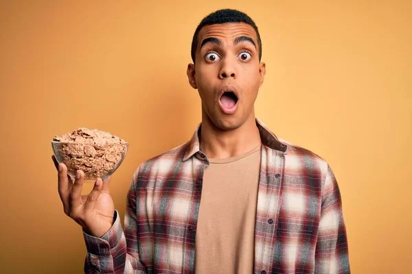 Young Handsome African American Man Holding Bowl Healthy Cornflakes Cereals — Stock Photo, Image