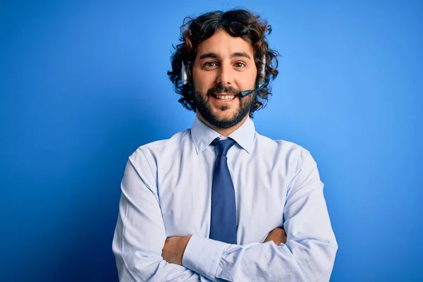 Joven Hombre Guapo Agente Centro Llamadas Con Barba Trabajando Con —  Fotos de Stock