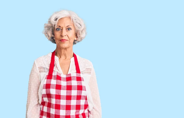 Senior Grey Haired Woman Wearing Apron Serious Expression Face Simple — Stock Photo, Image