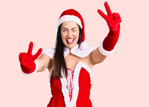 Joven Hermosa Mujer Caucásica Vistiendo Traje Santa Claus Sonriendo Con —  Fotos de Stock