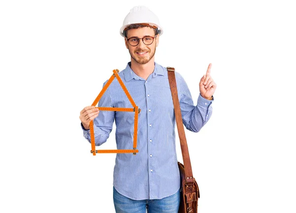 Handsome Young Man Bear Wearing Architect Hardhat Holding Build Project — Stock Photo, Image