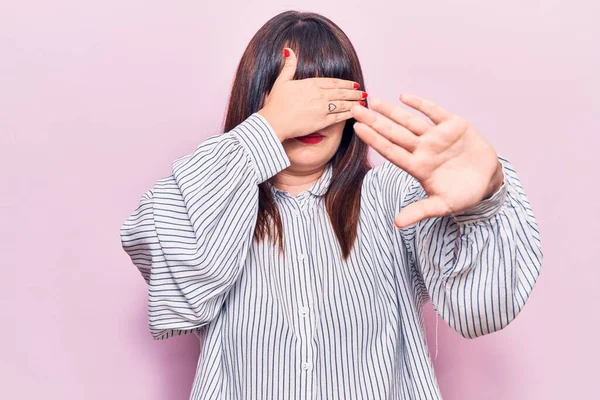 Young Size Woman Wearing Casual Clothes Covering Eyes Hands Doing — Stock Photo, Image