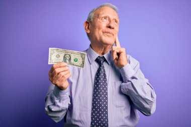 Kıdemli gri saçlı adam elinde bir dolar banknotla mor arka planda ciddi bir yüz sorusunu düşünüyor, çok karışık bir fikir.