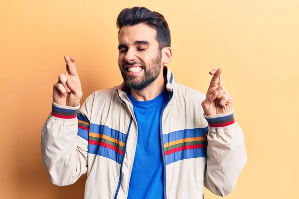 Young Handsome Man Beard Wearing Casual Jacket Gesturing Finger Crossed — Stock Photo, Image