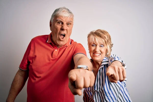 Senior Beautiful Couple Standing Together Isolated White Background Pointing Displeased — Stock Photo, Image