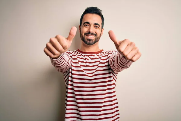 Joven Hombre Guapo Con Barba Que Usa Una Camiseta Rayas —  Fotos de Stock