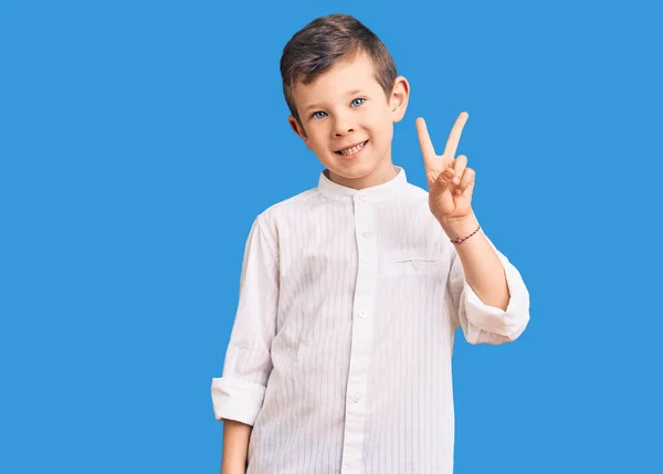 Cute Blond Kid Wearing Elegant Shirt Showing Pointing Fingers Number — Stock Photo, Image