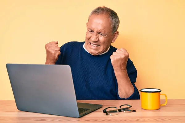 Homem Bonito Sênior Com Cabelos Grisalhos Trabalhando Escritório Com Laptop — Fotografia de Stock