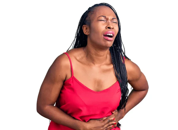 Young African American Woman Wearing Casual Clothes Hand Stomach Because — Stock Photo, Image