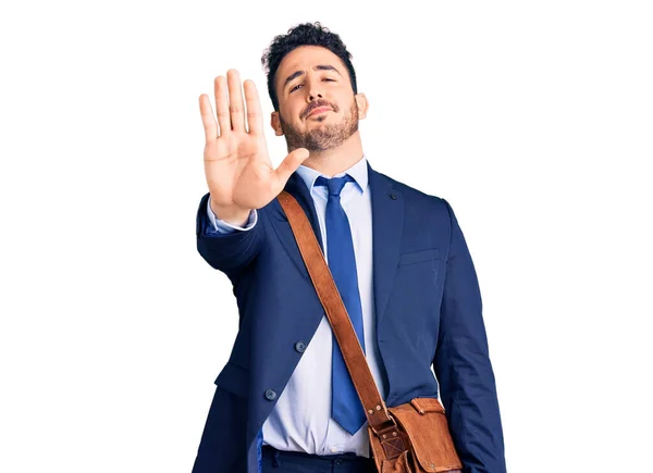 Young Hispanic Man Wearing Suit Leather Bag Open Hand Doing — Stock Photo, Image