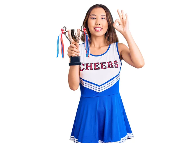 Youn Beautiful Asian Girl Wearing Cheerleader Uniform Holding Champion Trophy — Stock Photo, Image