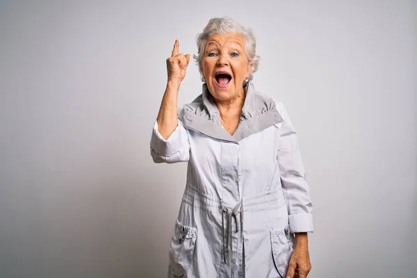 Senior Beautiful Grey Haired Woman Wearing Casual Jacket Standing White — Stock Photo, Image