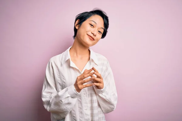 Jong Mooi Aziatisch Meisje Dragen Casual Shirt Staande Geïsoleerde Roze — Stockfoto