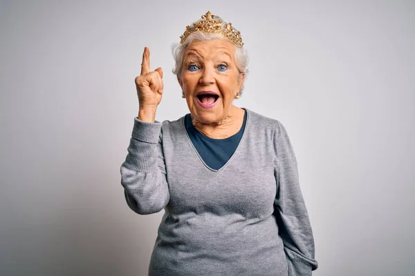 Mujer Pelo Gris Hermosa Senior Con Corona Reina Dorada Sobre — Foto de Stock