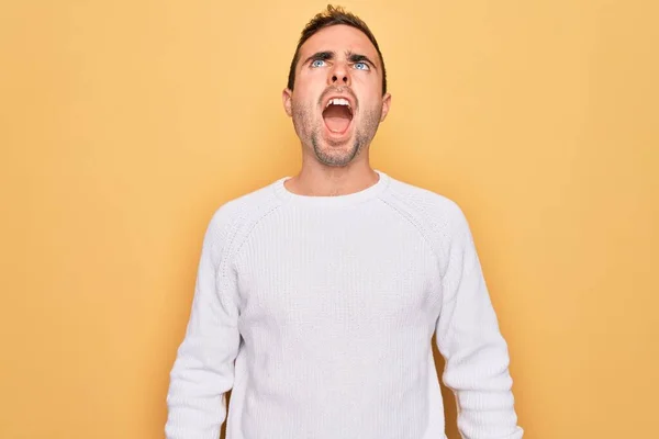 Young Handsome Man Blue Eyes Wearing Casual Sweater Standing Yellow — Stock Photo, Image