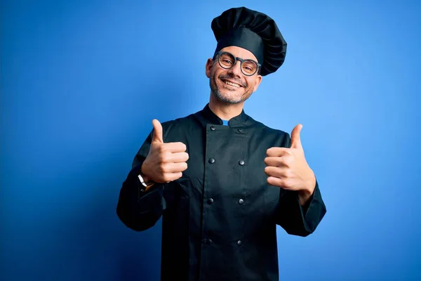 Young Handsome Chef Man Wearing Cooker Uniform Hat Isolated Blue — Stock Photo, Image