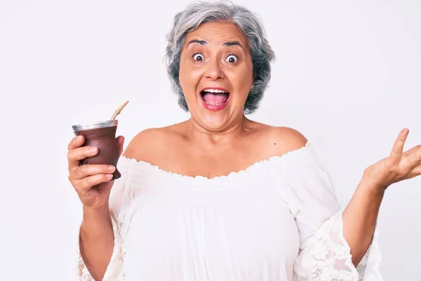 Mulher Hispânica Sênior Bebendo Mate Infusão Celebrando Realização Com Sorriso — Fotografia de Stock