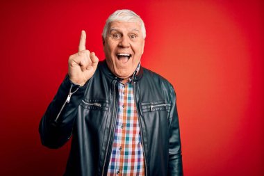 Kıdemli, beyaz gömlekli ve ceketli yakışıklı adam izole edilmiş kırmızı arka planda başarılı bir fikri işaret ediyor. Heyecanlı ve mutlu. Bir numara..