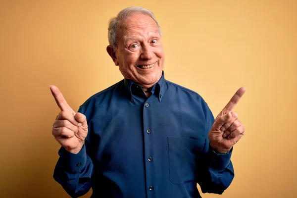 Grey Haired Senior Man Wearing Casual Blue Shirt Standing Yellow — Stock Photo, Image