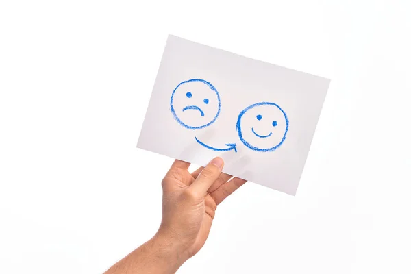 Картонный Баннер Грустным Счастливым Лицом Проблемы Депрессии Изолированном Белом Фоне — стоковое фото