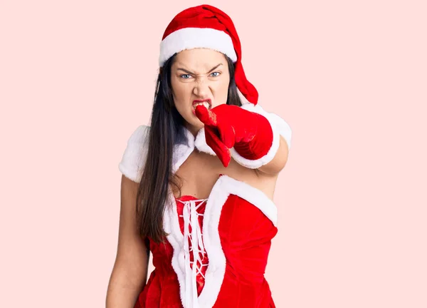 Молодая Красивая Белая Женщина Костюме Санта Клауса Указывает Недовольство Разочарование — стоковое фото