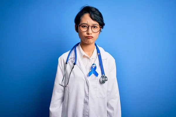 Young Beautiful Asian Doctor Girl Wearing Stethoscope Coat Blue Cancer — Stock Photo, Image