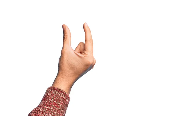 Mão Jovem Caucasiano Mostrando Dedos Sobre Fundo Branco Isolado Pegando — Fotografia de Stock